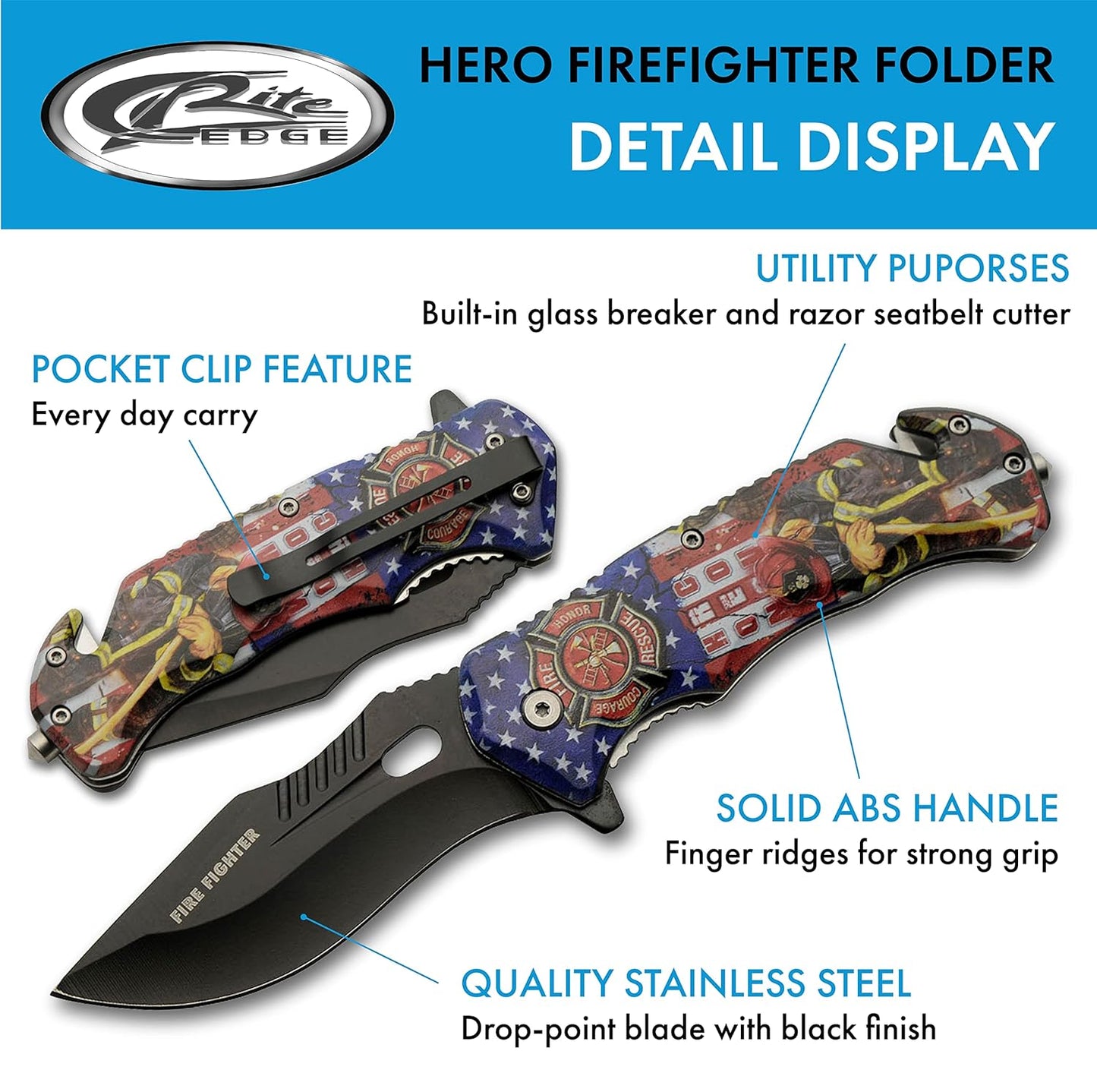 : 8”Firefighter Decal Liner Lock Assisted Open Tactical Rescue Professional Folding Knife, Red (300557-FF)