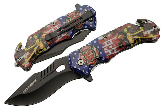 : 8”Firefighter Decal Liner Lock Assisted Open Tactical Rescue Professional Folding Knife, Red (300557-FF)