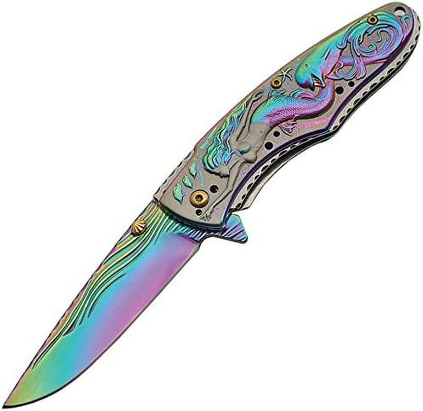 4.5” Spring Assisted Opening Liner-Lock Rainbow Mermaid Folding EDC Knife