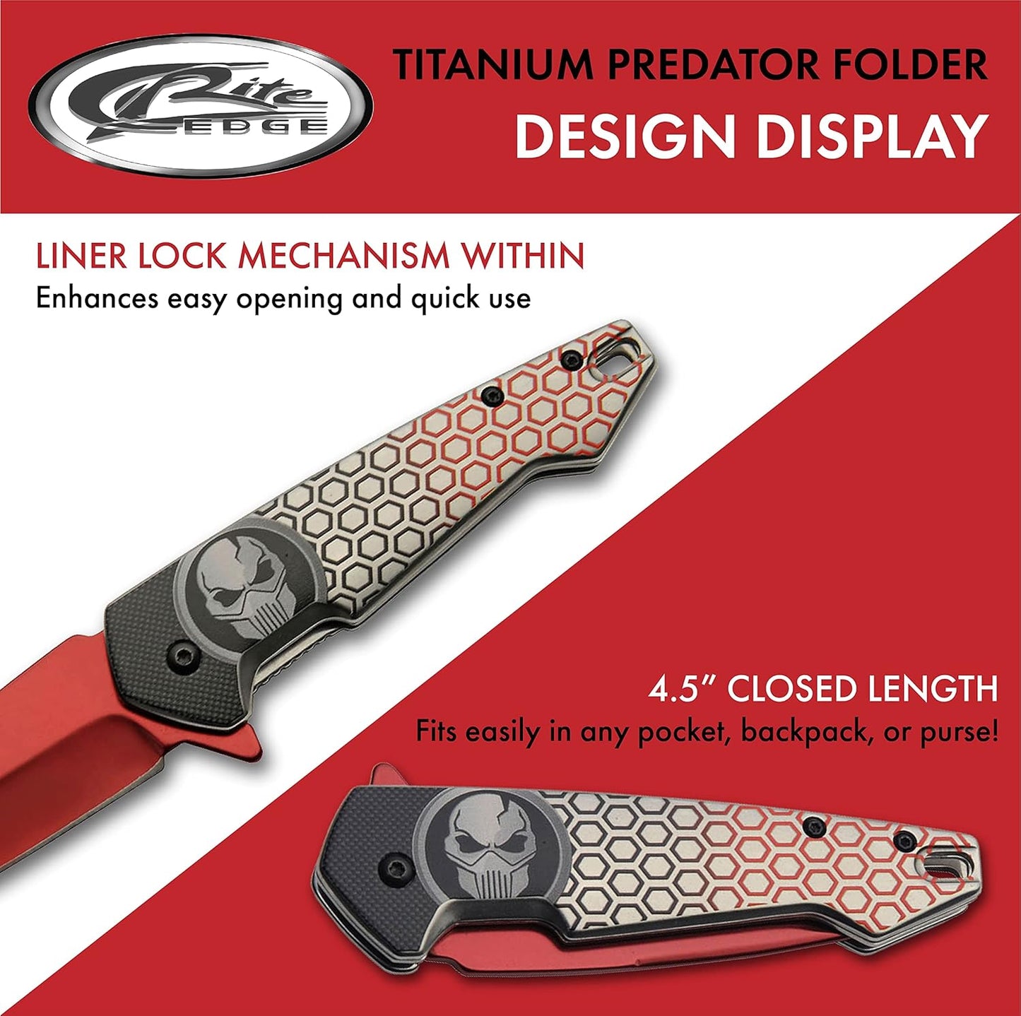 SZCO 7.75” Red Titanium Finished Predator EDC Folding Knife with Pocket Clip (300578-RD)