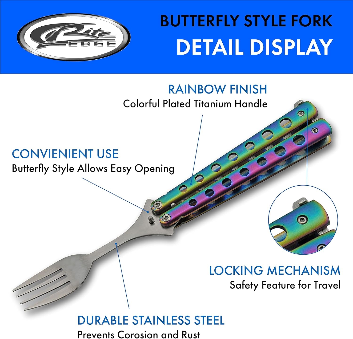 9” Rainbow Finished Butterfly-Open Style Travel/Camping Fork (211520-RB)