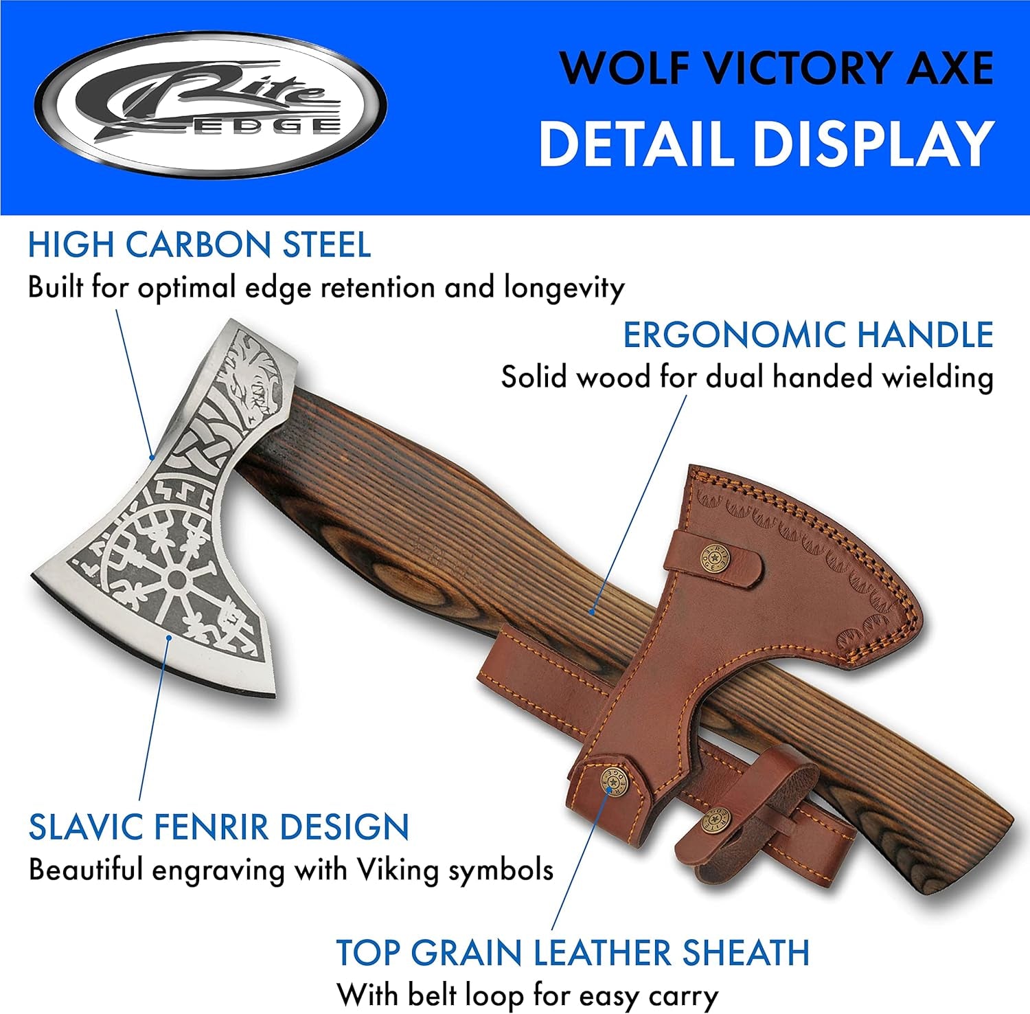 SZCO 18" Burnt Ash Wood Handle Nordic Fenrir Viking Axe with Leather Sheath, Brown (882458)