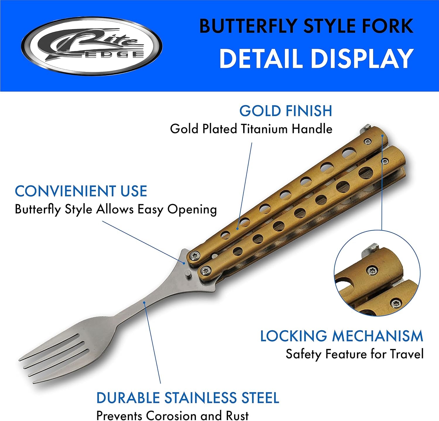 9” Gold Finished Butterfly-Open Style Travel/Camping Fork (211520-GD)