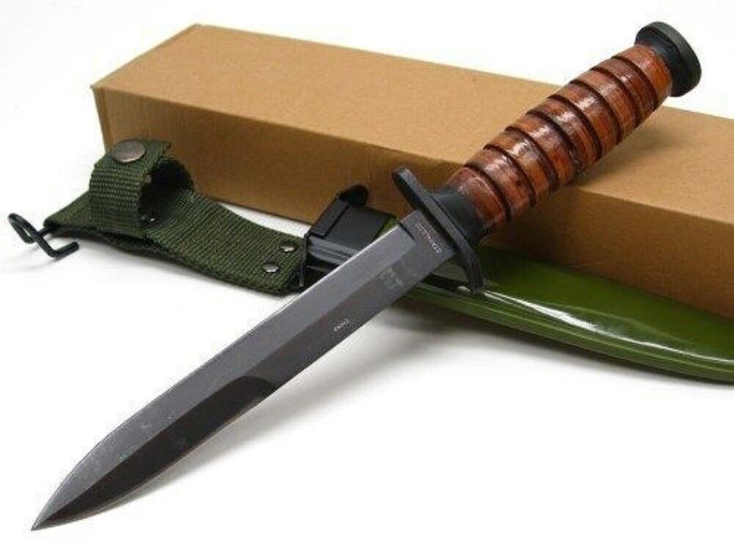 Authentic WWII Trench Fighting KA Knife Replica with Sheath & Belt Bar - Leather Handle