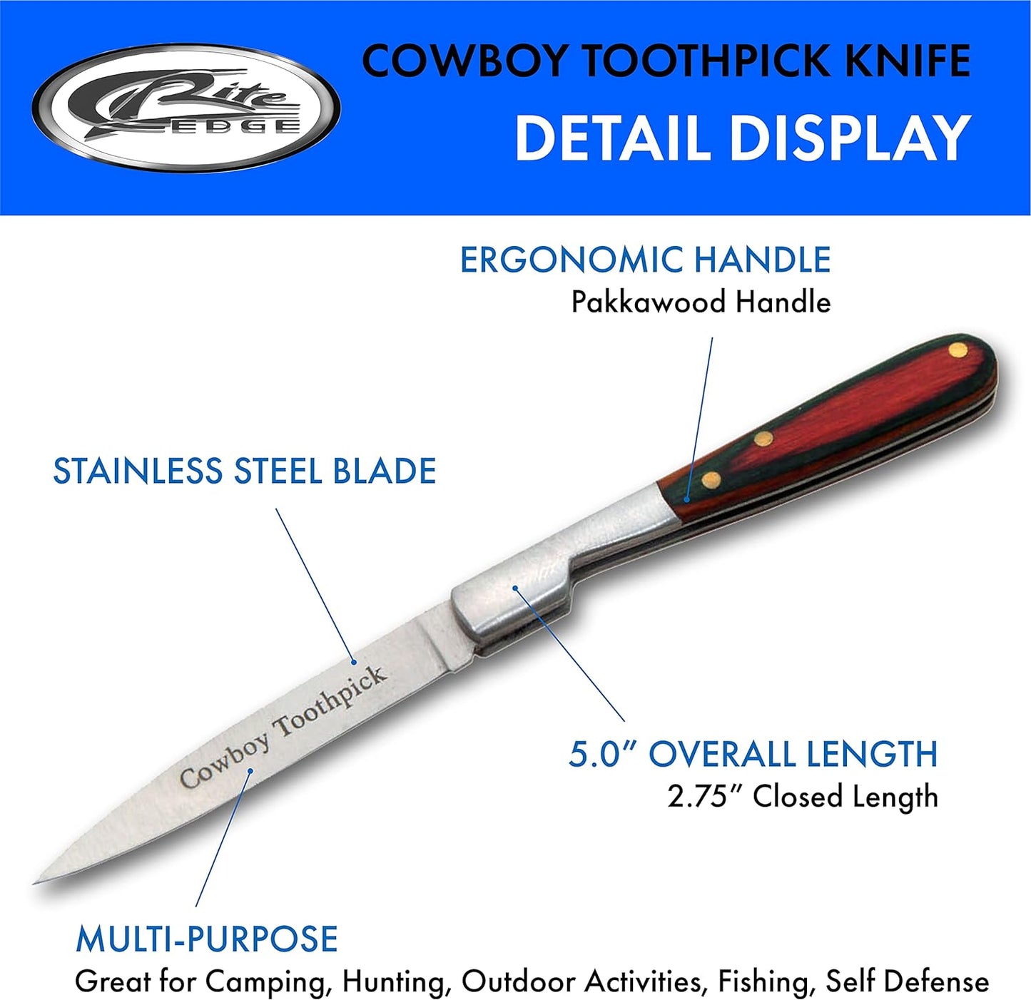 212071-CB Cowboy Toothpick Knife, Silver,Brown