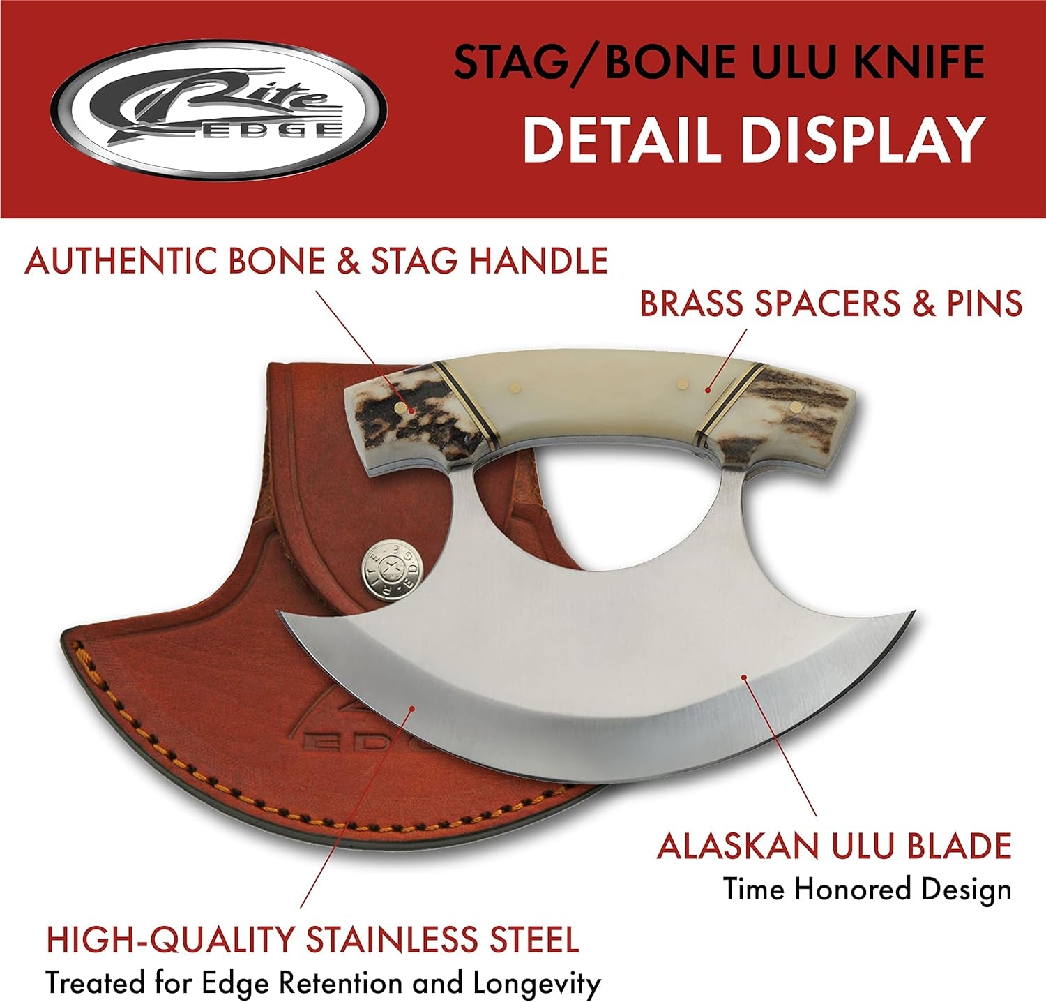 5.5" Stag Handle Crescent Blade Ulu Knife with Sheath, Brown