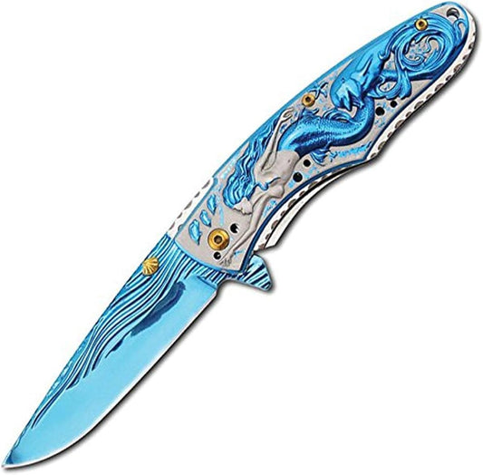 Sczo Supplies 4.5” Spring Assisted Opening Liner-Lock Blue Mermaid Folding EDC Knife