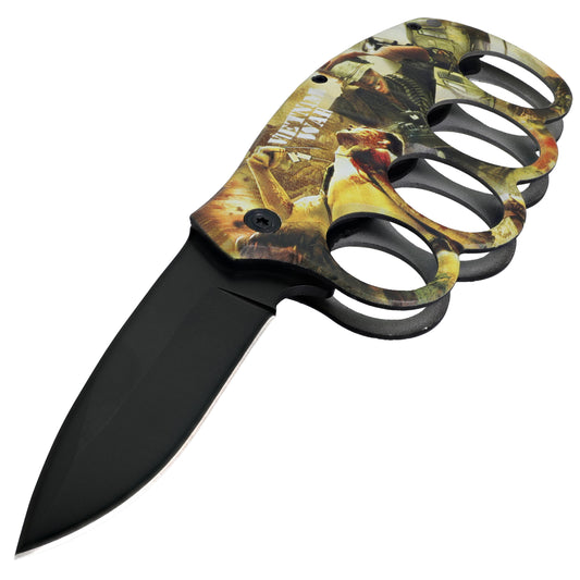 Spring Assist Trench 4 Finger Knuckle Knife Black Blade w/ Belt Clip & Lanyard Hole