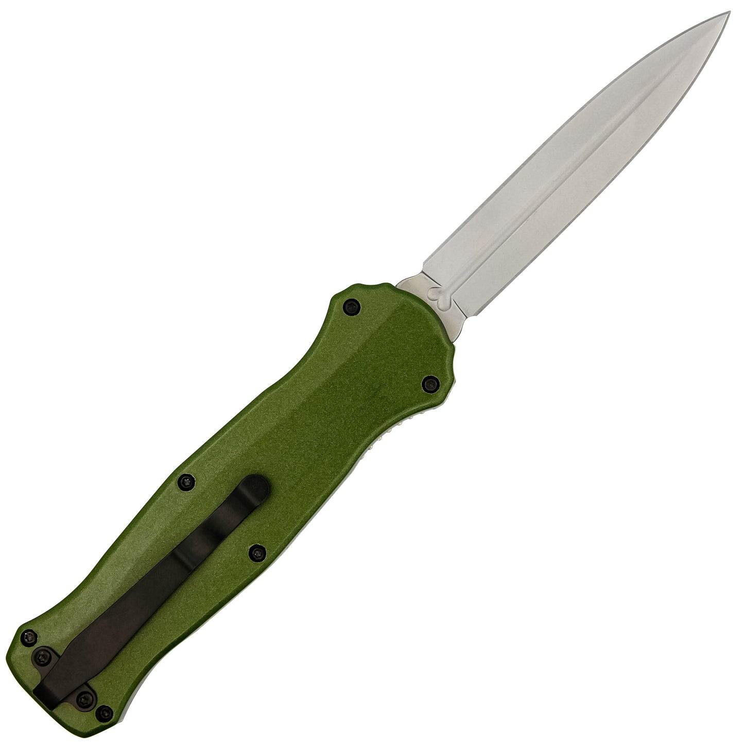 Balls Deep Automatic Green Textured Handle Center Switch Double Edge Out the Front OTF Knife w/ Black Belt Clip & Sheath