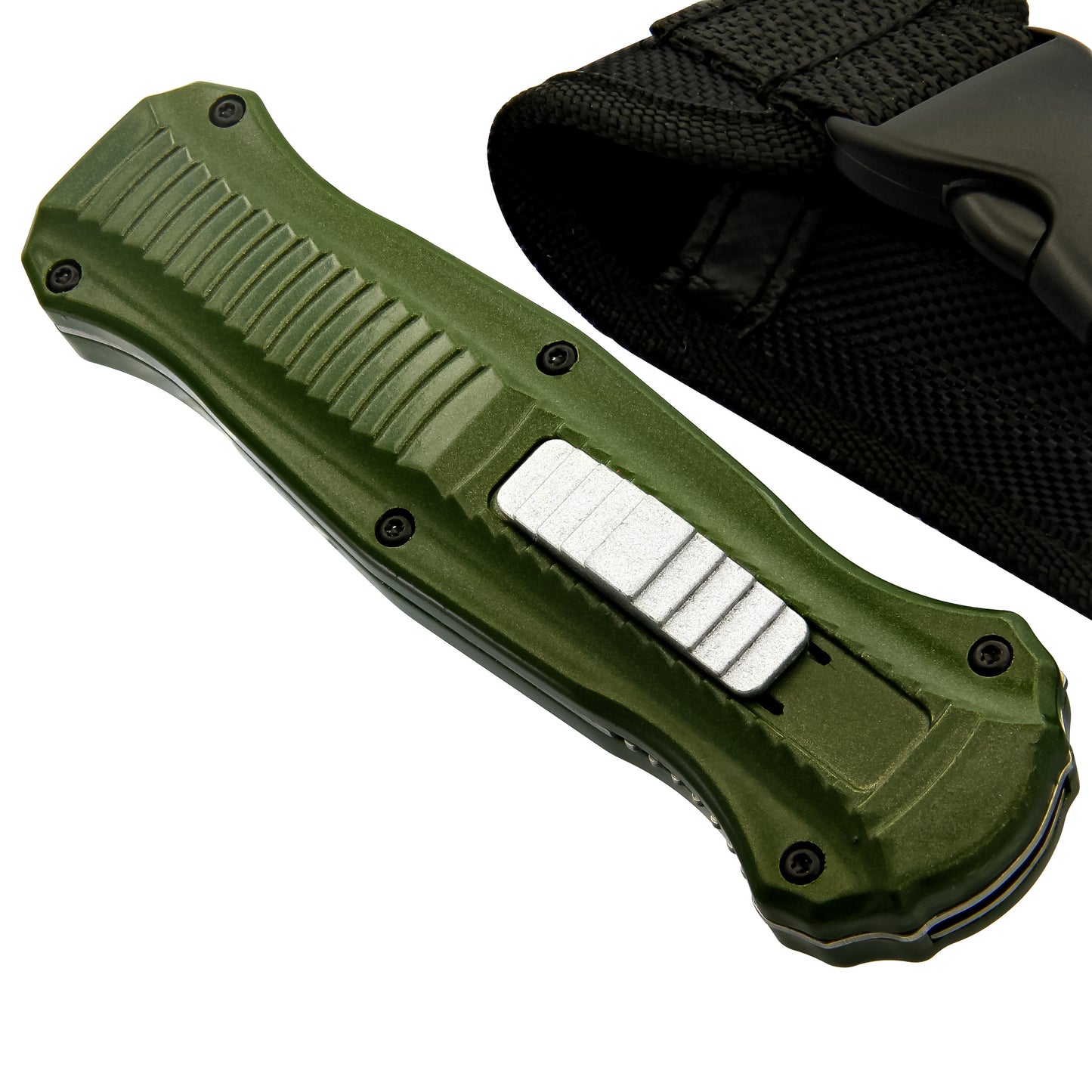 Balls Deep Automatic Green Textured Handle Center Switch Double Edge Out the Front OTF Knife w/ Black Belt Clip & Sheath