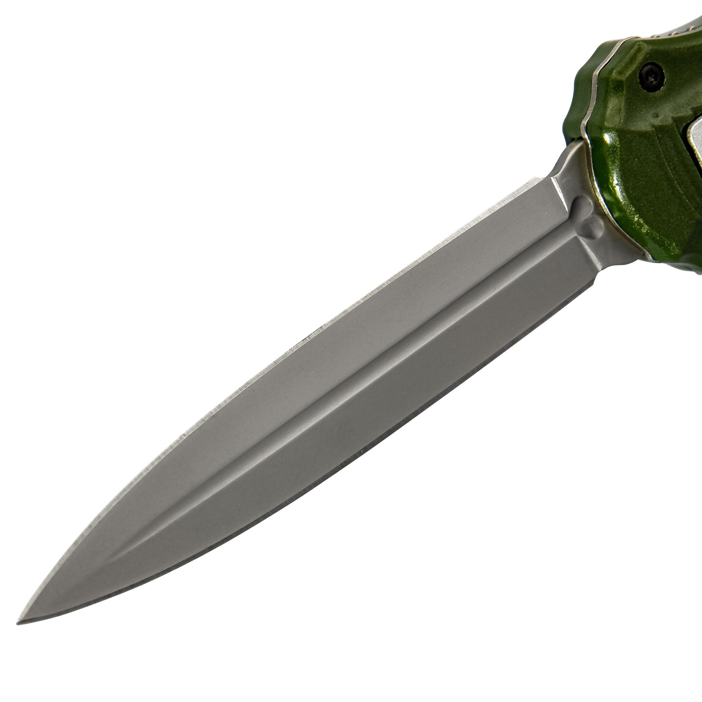 Balls Deep Automatic Green Textured Handle Center Switch Double Edge Out the Front OTF Knife w/ Black Belt Clip & Sheath