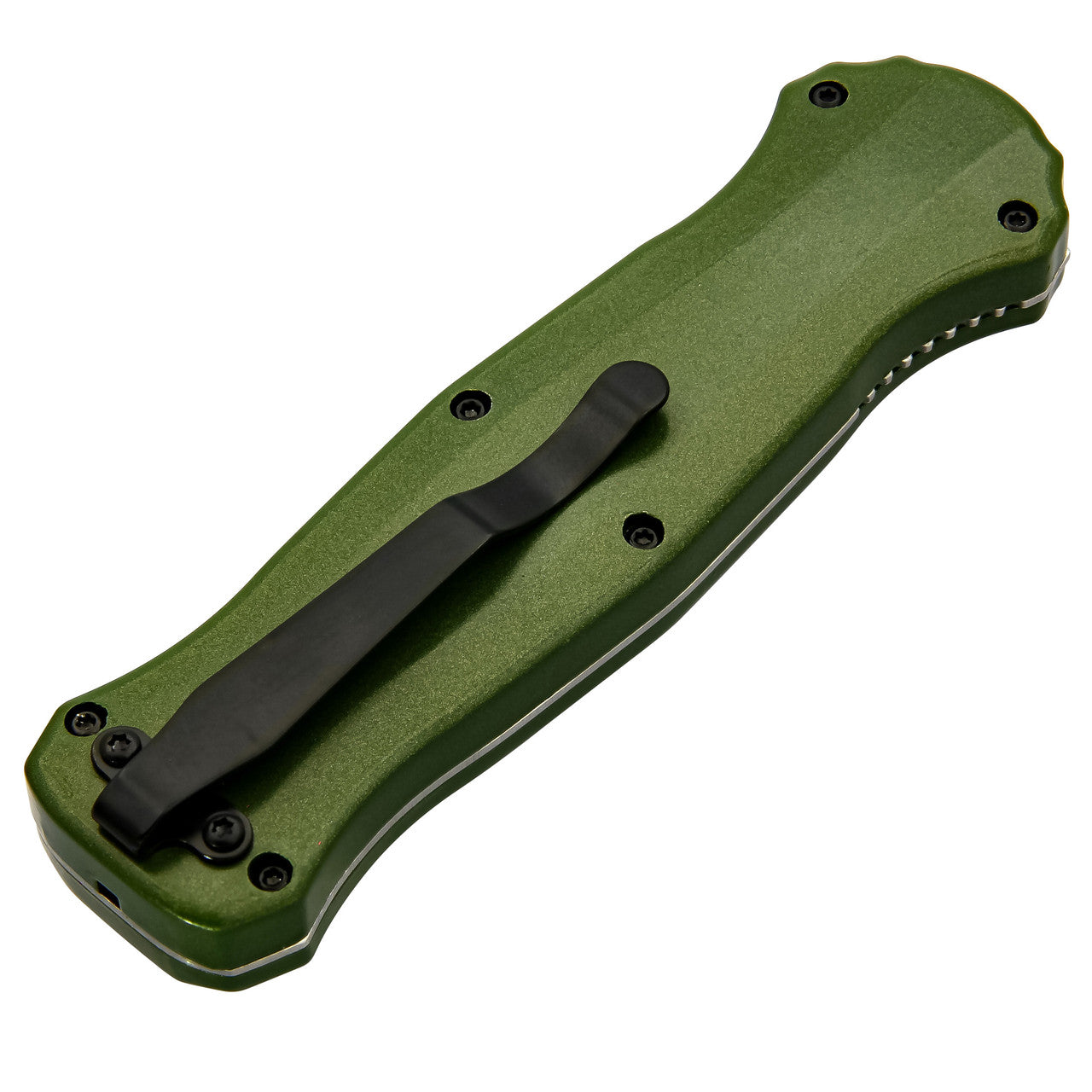 Balls Deep Automatic Green Textured Handle Center Switch Double Edge Out the Front OTF Knife w/ Black Belt Clip & Sheath