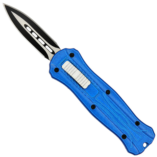 Automatic Sapphire Deluge Mini California Legal Blue Out the Front OTF Knife w/ Belt Clip & Keyring Hole