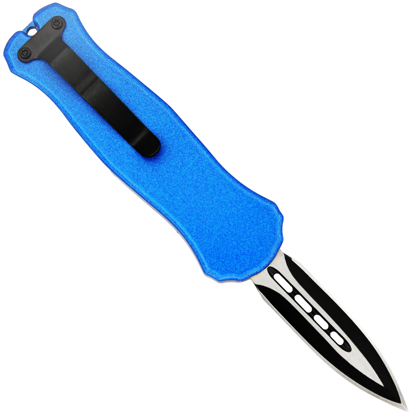 Automatic Sapphire Deluge Mini California Legal Blue Out the Front OTF Knife w/ Belt Clip & Keyring Hole