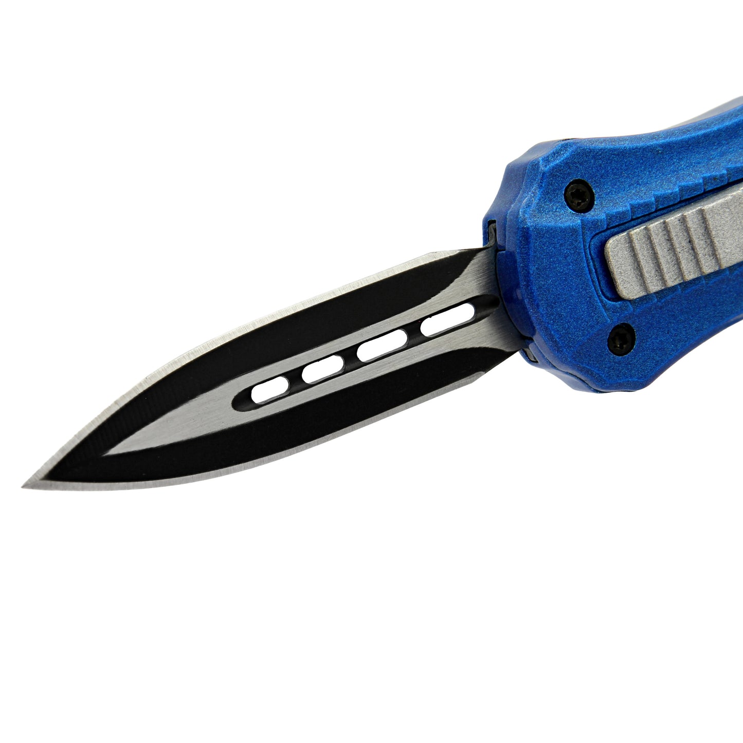 Automatic Sapphire Deluge Mini California Legal Blue Out the Front OTF Knife w/ Belt Clip & Keyring Hole