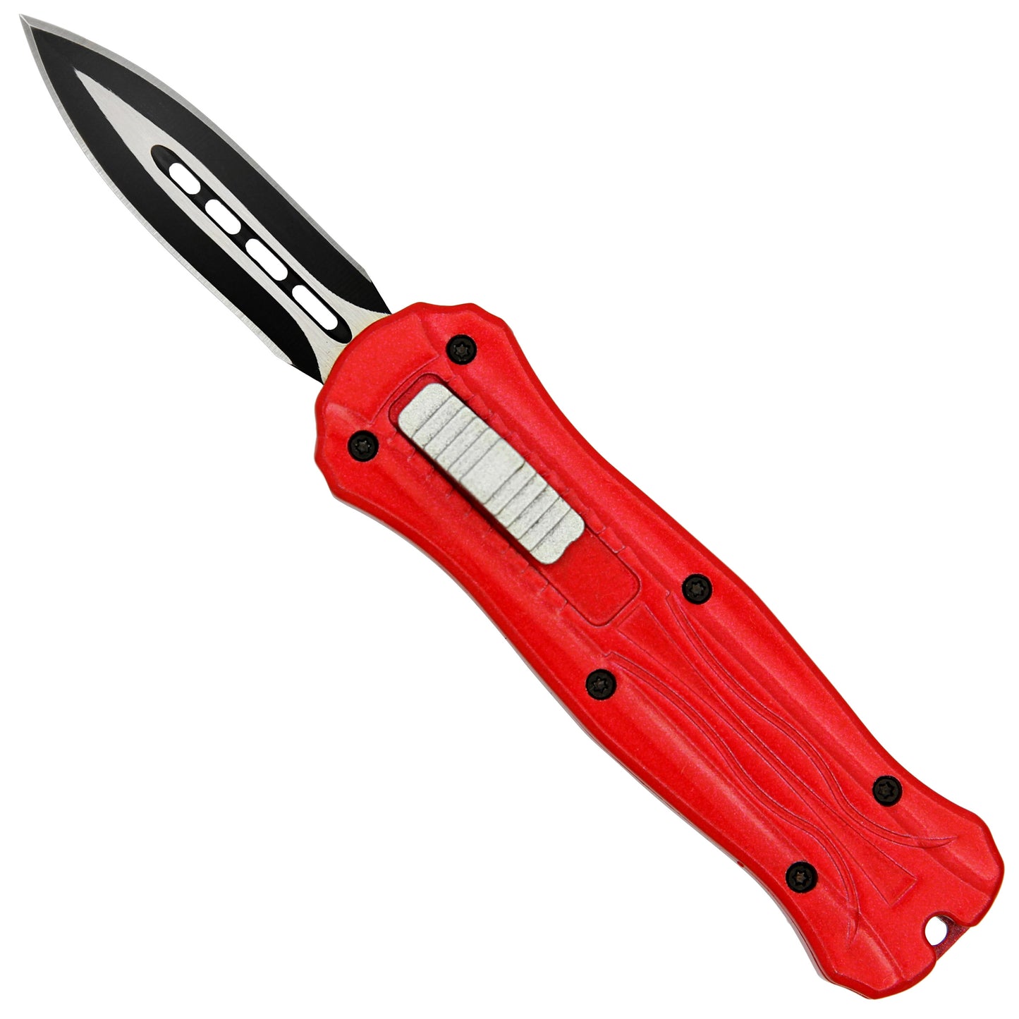 Red Fruit Automatic Mini California Legal Double Edge Out the Front OTF Knife w/ Contoured Handle & Belt Clip