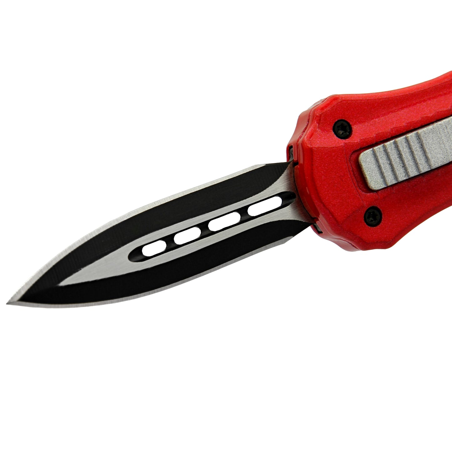 Red Fruit Automatic Mini California Legal Double Edge Out the Front OTF Knife w/ Contoured Handle & Belt Clip