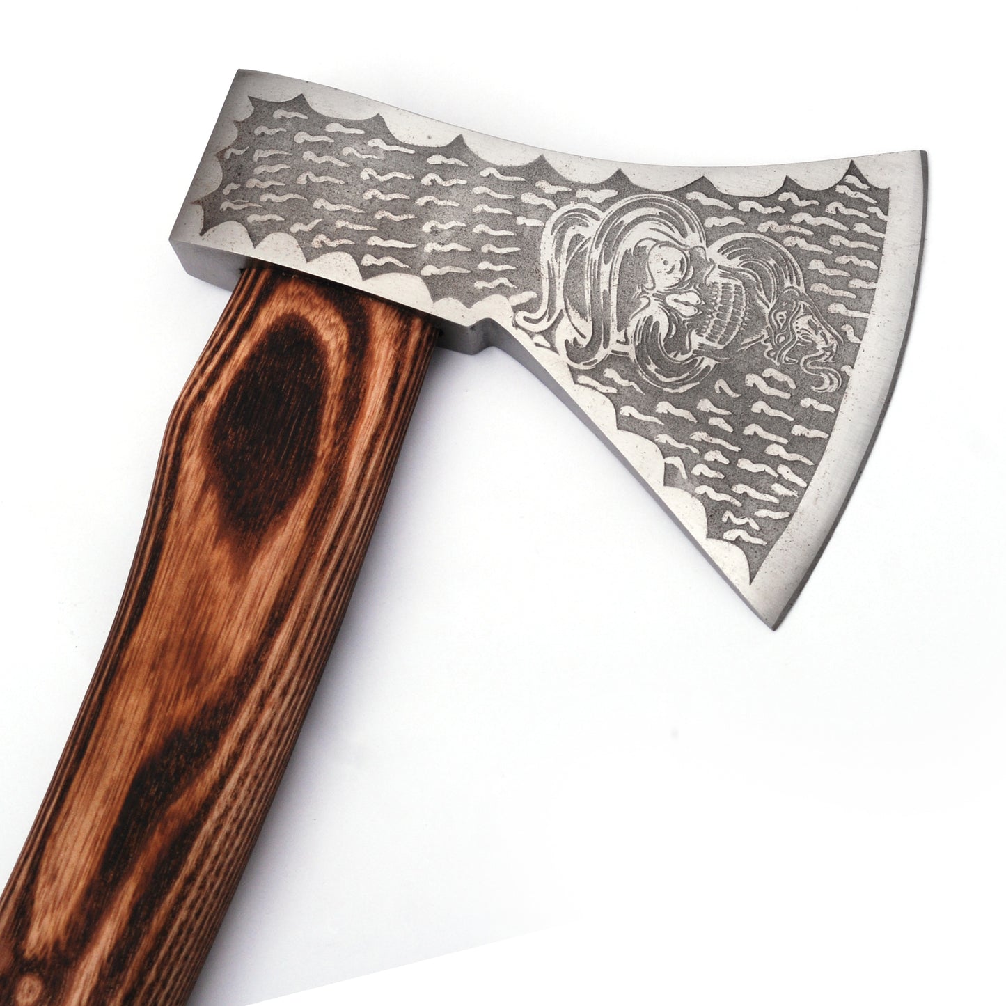 Snake Skull Warrior Bushcraft Axe Wood Burnt Handle