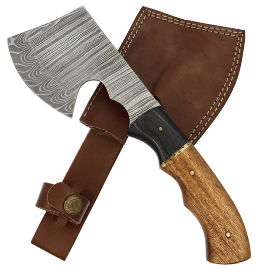 Velocity in Target Damascus Steel Full Tang Tomahawk Throwing Axe w/ Wood Handle & Genuine Leather Sheath Included