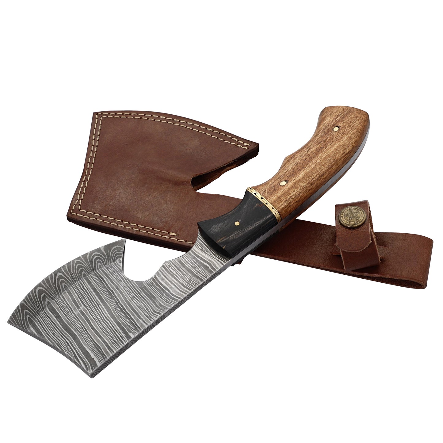 Velocity in Target Damascus Steel Full Tang Tomahawk Throwing Axe w/ Wood Handle & Genuine Leather Sheath Included