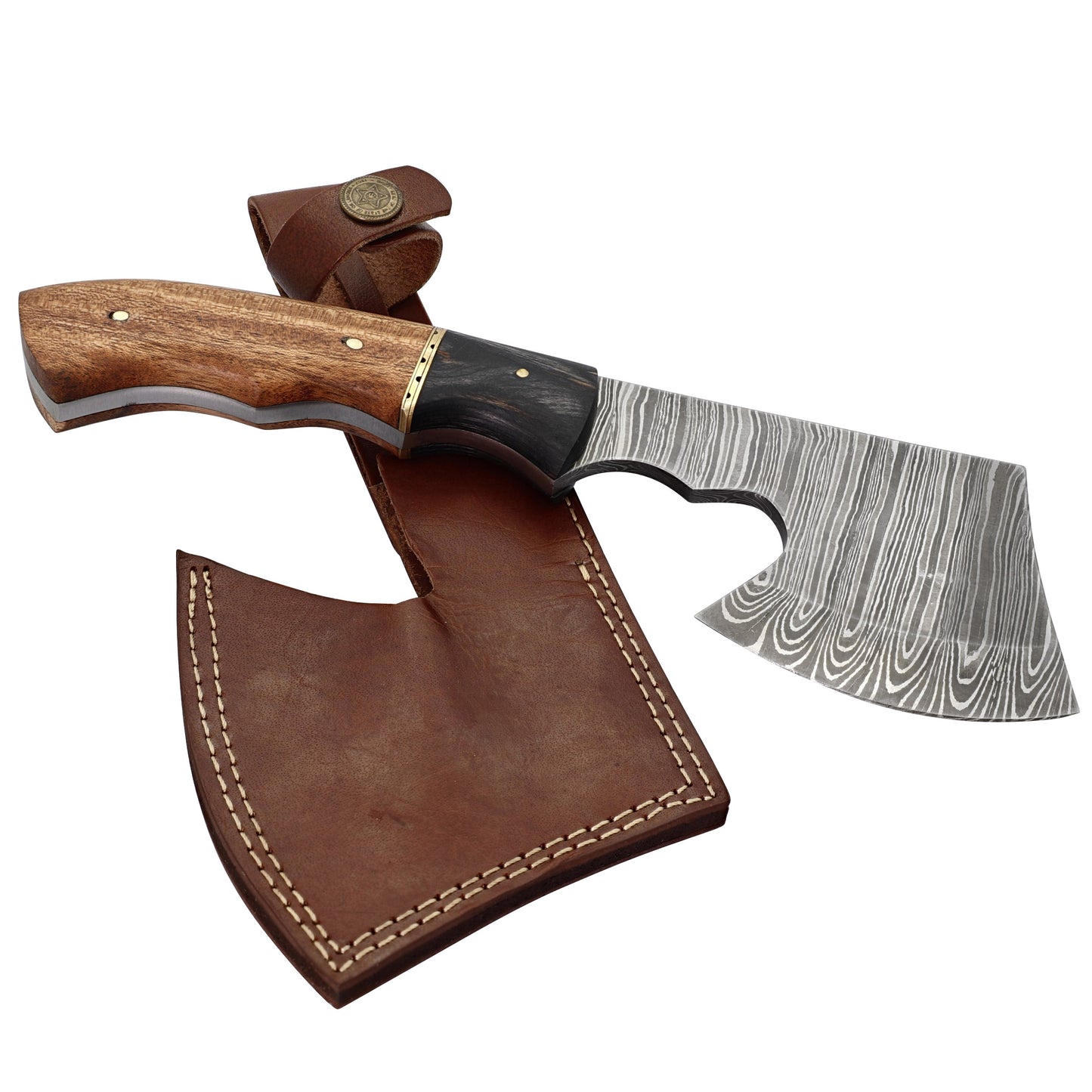 Velocity in Target Damascus Steel Full Tang Tomahawk Throwing Axe w/ Wood Handle & Genuine Leather Sheath Included