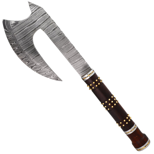 Far Sight Full Tang Viking Medieval Inspired Damascus Steel Bearded Throwing Axe w/ Wood Handle & Genuine Leather Sheath