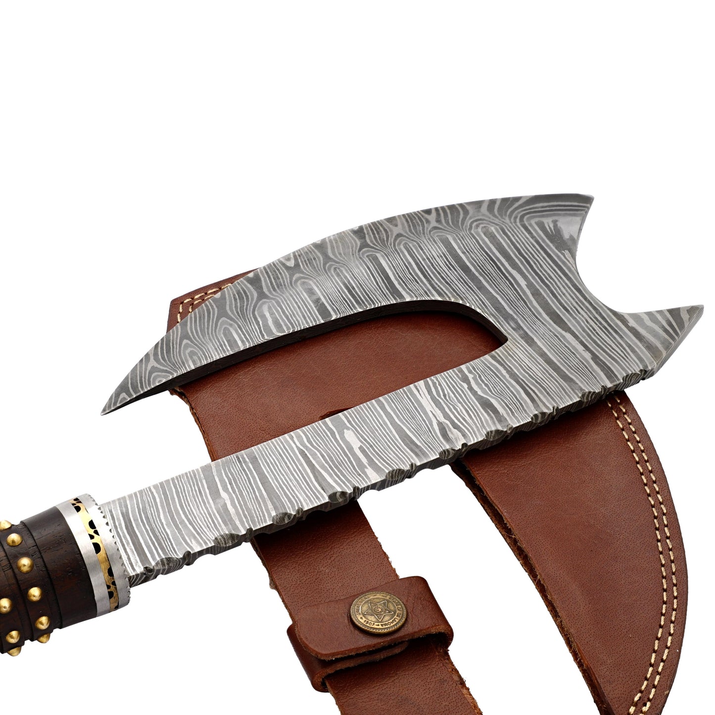 Far Sight Full Tang Viking Medieval Inspired Damascus Steel Bearded Throwing Axe w/ Wood Handle & Genuine Leather Sheath