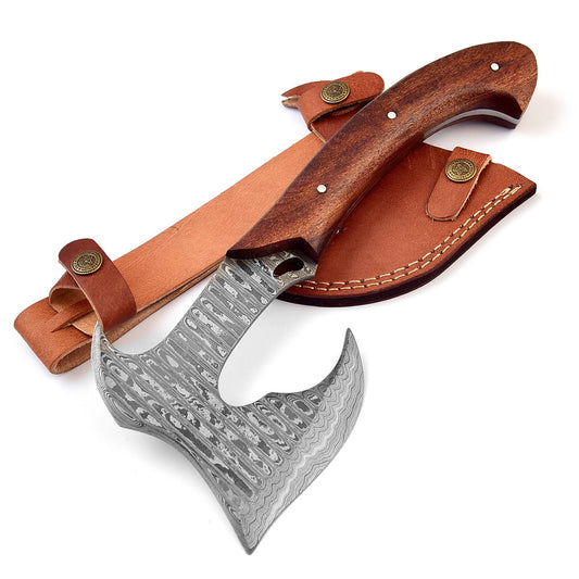 Steel Aviator Damascus Throwing Axe | Hand Forged Bearded Outdoor Wood Handle Viking Triple Edge Full Tang w/ Sheath