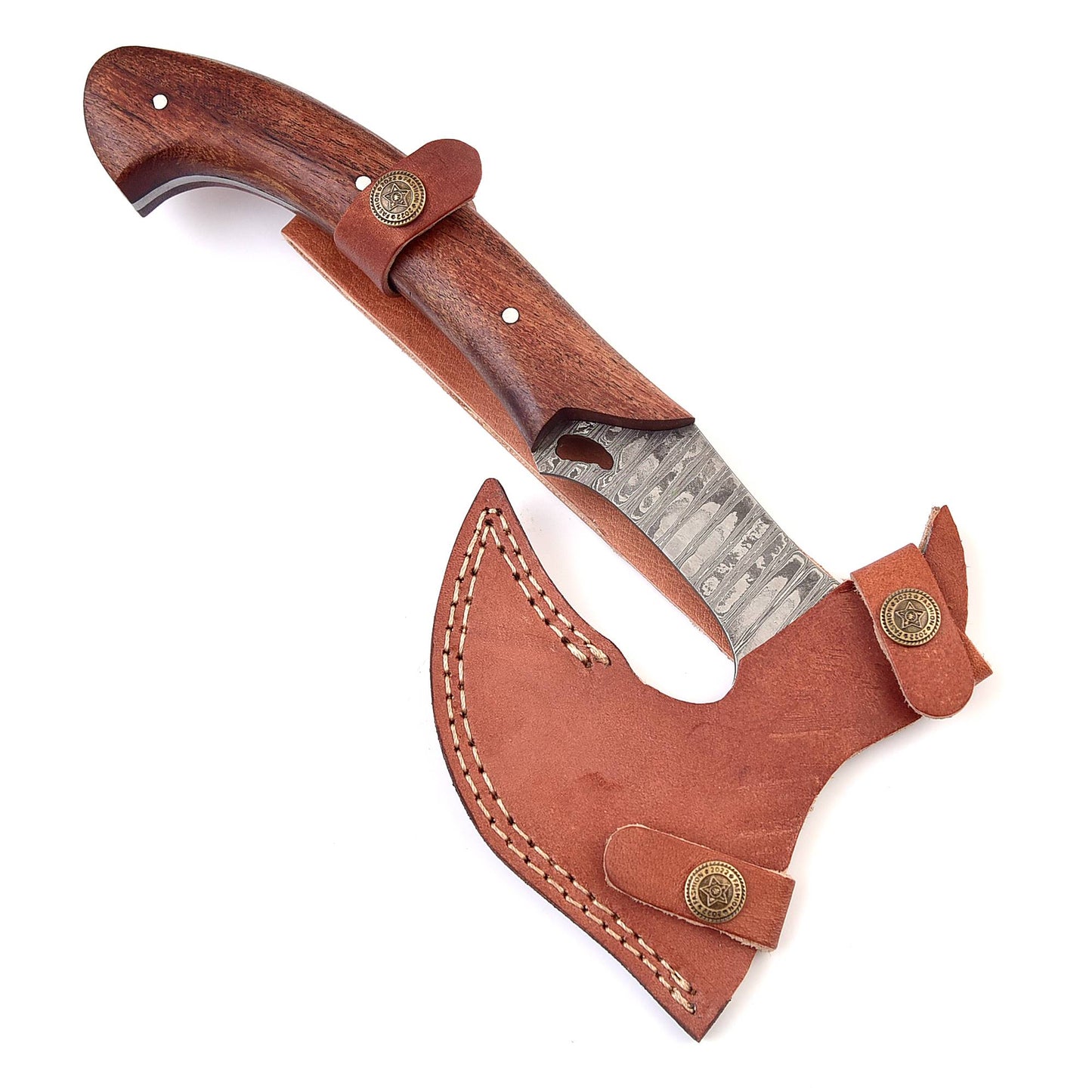 Steel Aviator Damascus Throwing Axe | Hand Forged Bearded Outdoor Wood Handle Viking Triple Edge Full Tang w/ Sheath