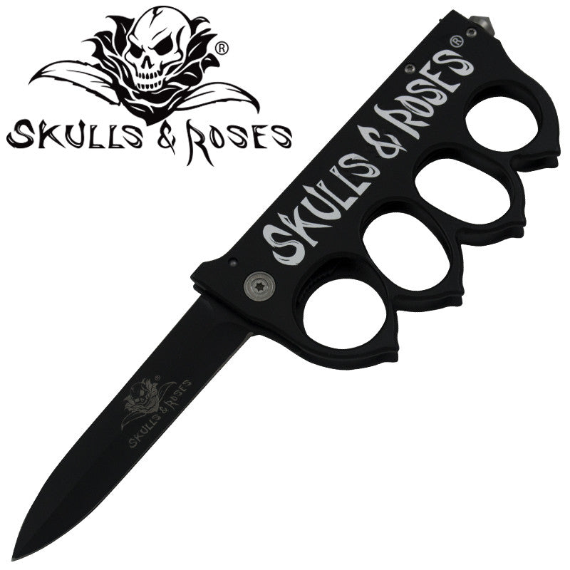 Skulls & Roses Brass Buckle Spring Assisted Folder