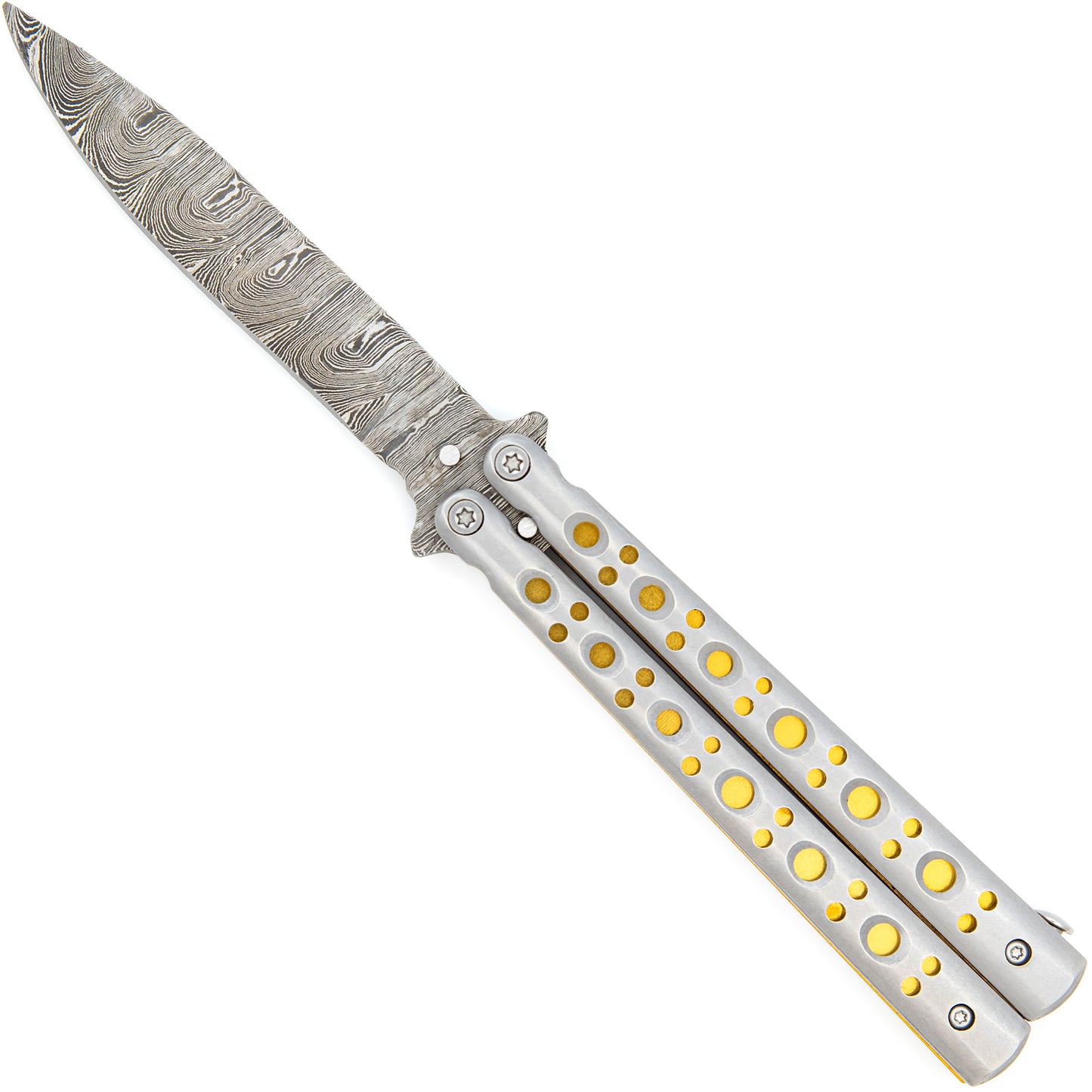 Gold Panning Clip Point Balisong Butterfly Knife Flipper | Damascus Steel Blade | Drop Point