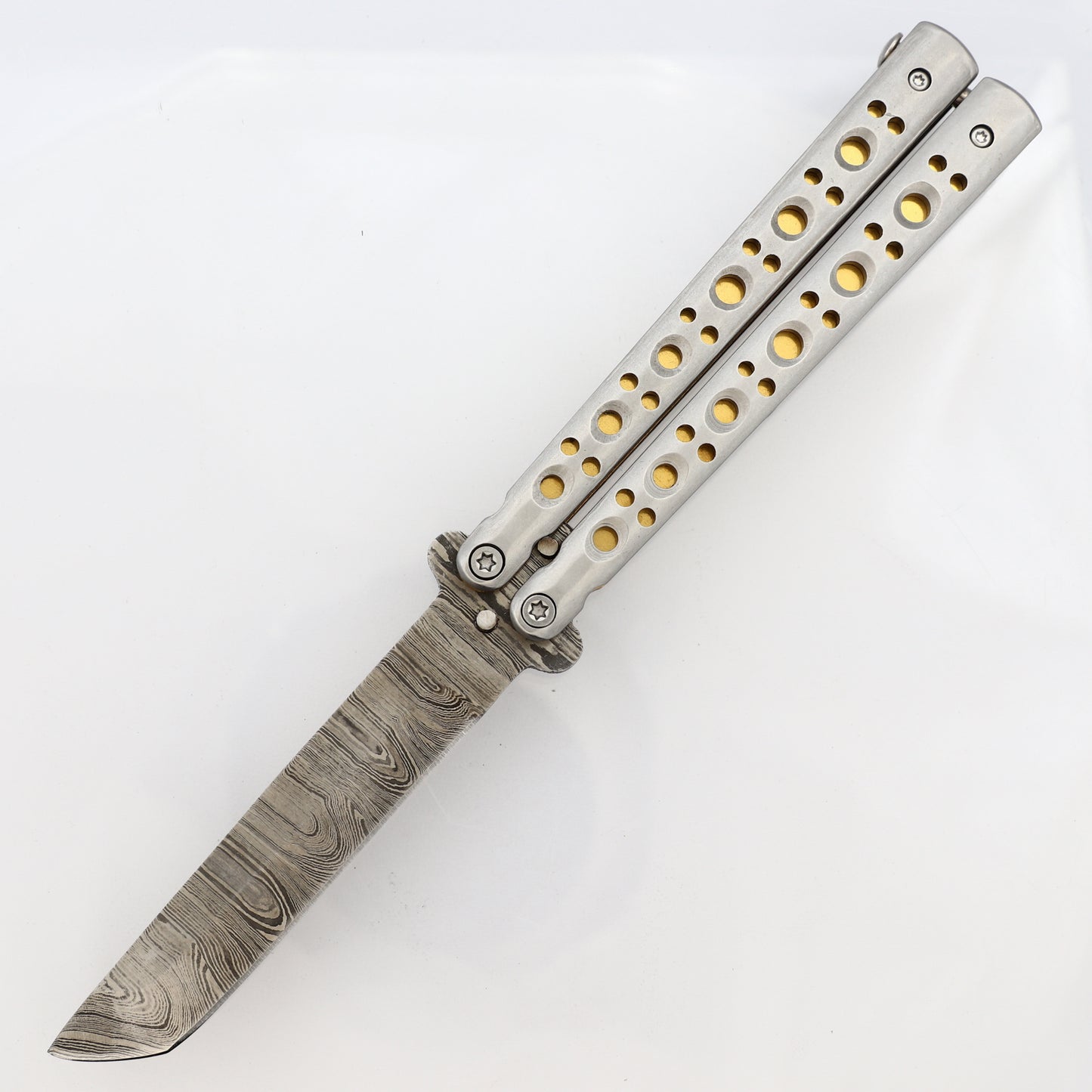 Gold Panning Clip Point Balisong Butterfly Knife Flipper | Damascus Steel Blade | Tanto Point