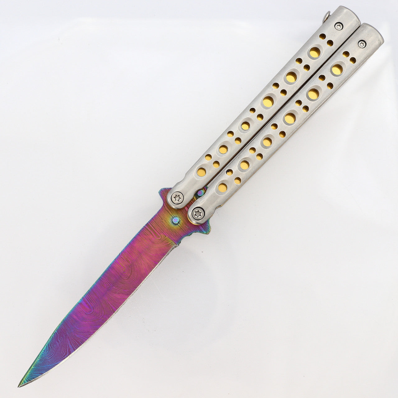 Copy of Gold Panning Clip Point Balisong Butterfly Knife Flipper | Titanium Damascus Steel Blade | Drop Point