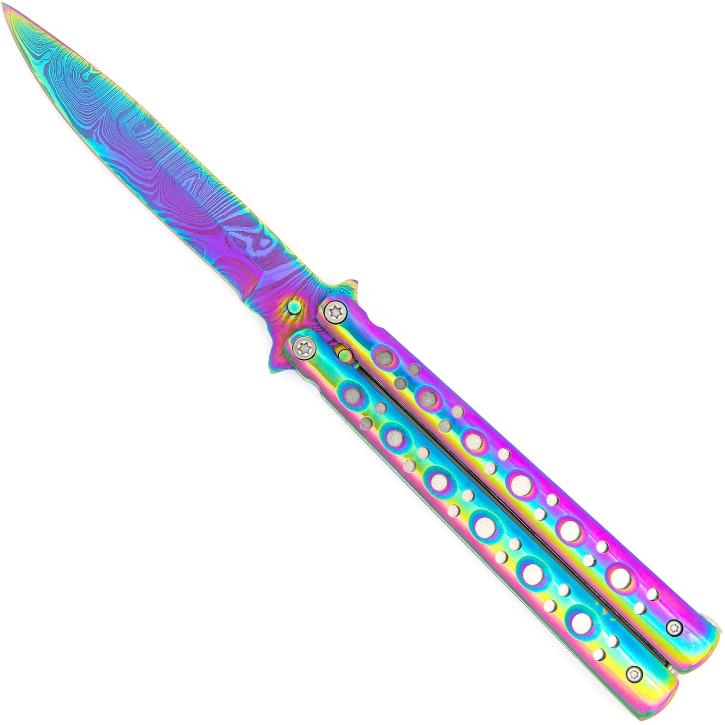 Mutation Warning Balisong Flipper Butterfly Knife | Titanium Damascus Steel | Drop Point Blade