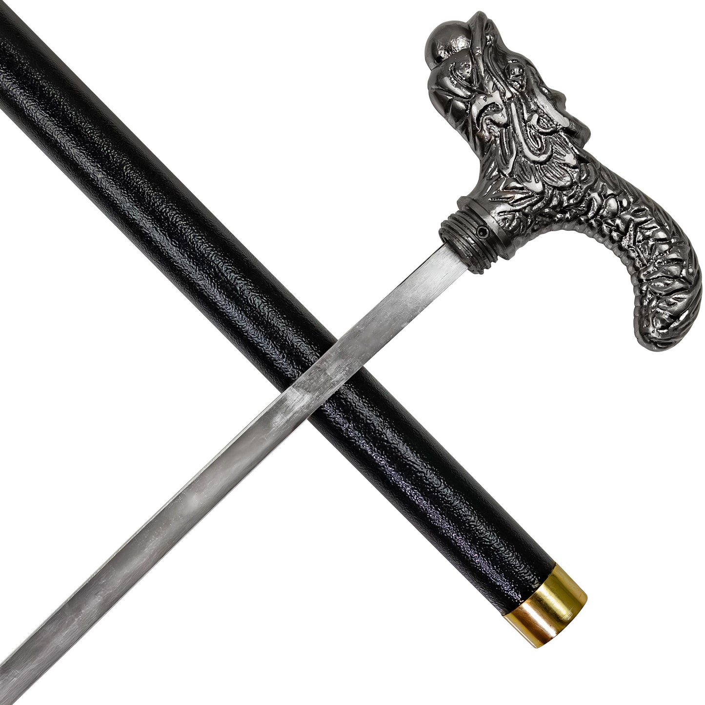 Pearl Courier Chinese Folklore Dragon Derby Style Handle Pewter Finish Costume Walking Sword Cane