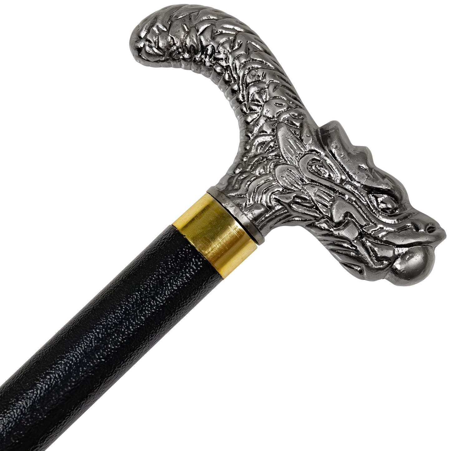 Pearl Courier Chinese Folklore Dragon Derby Style Handle Pewter Finish Costume Walking Sword Cane