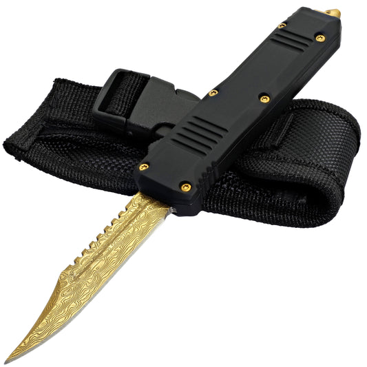 Evident Style Gold Damascus Steel Clip Point Out the Front OTF Knife w/ Golden Hardware Belt Clip Glass Breaker