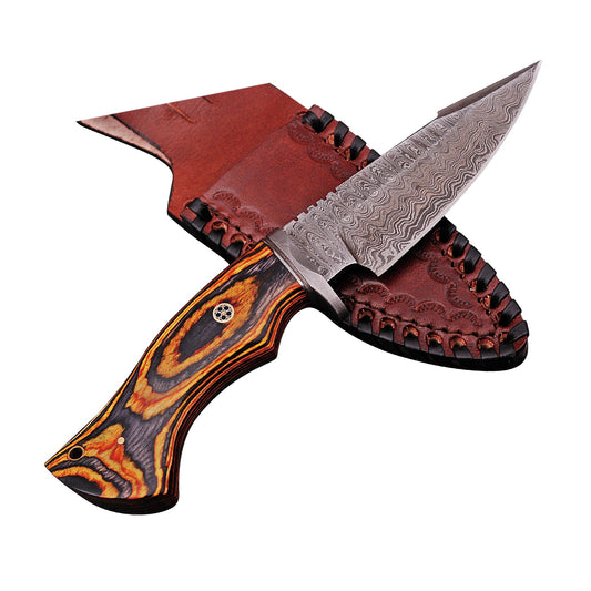 Fearing Dark Damascus Steel Fire Glow Pakkawood Handle Fixed Blade Hunting Knife Fire Glow Pakkawood Handle