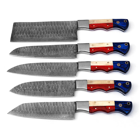 Professional Forged Damascus Chef Knife Set of 5 | Scalloped Blades Custom Made Cooking Kitchen Prep