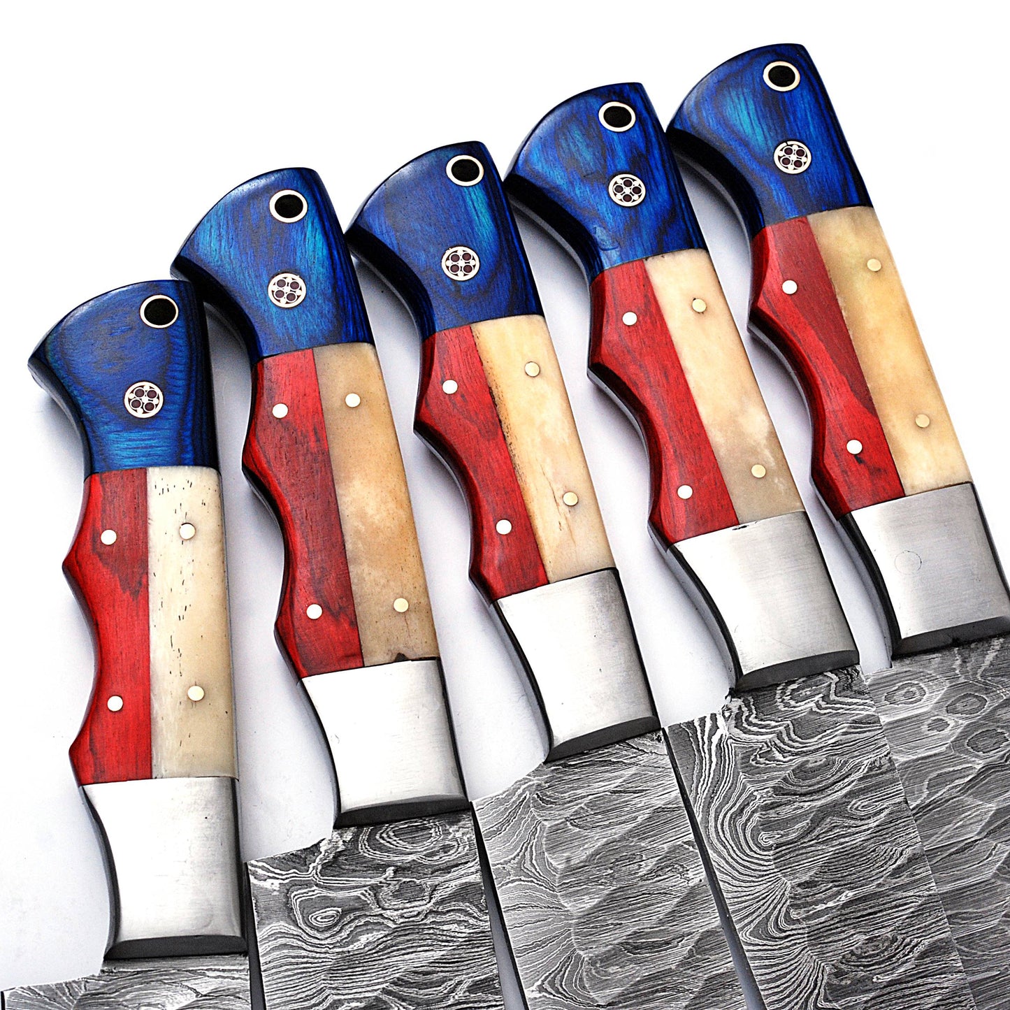 Professional Forged Damascus Chef Knife Set of 5 | Scalloped Blades Custom Made Cooking Kitchen Prep