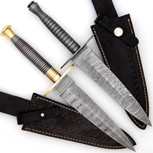 Full Damascus Steel Commando Knife | Pattern Welded Steel Full Tang Replica JSOC Dagger w/ Leather Sheath