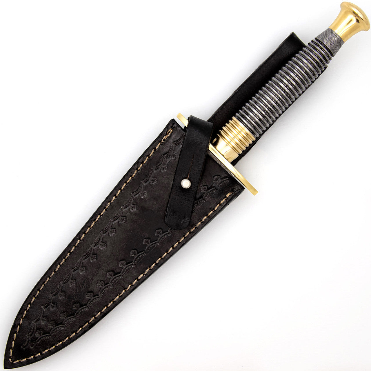 Full Damascus Steel Commando Knife | Pattern Welded Steel Full Tang Replica JSOC Dagger w/ Leather Sheath