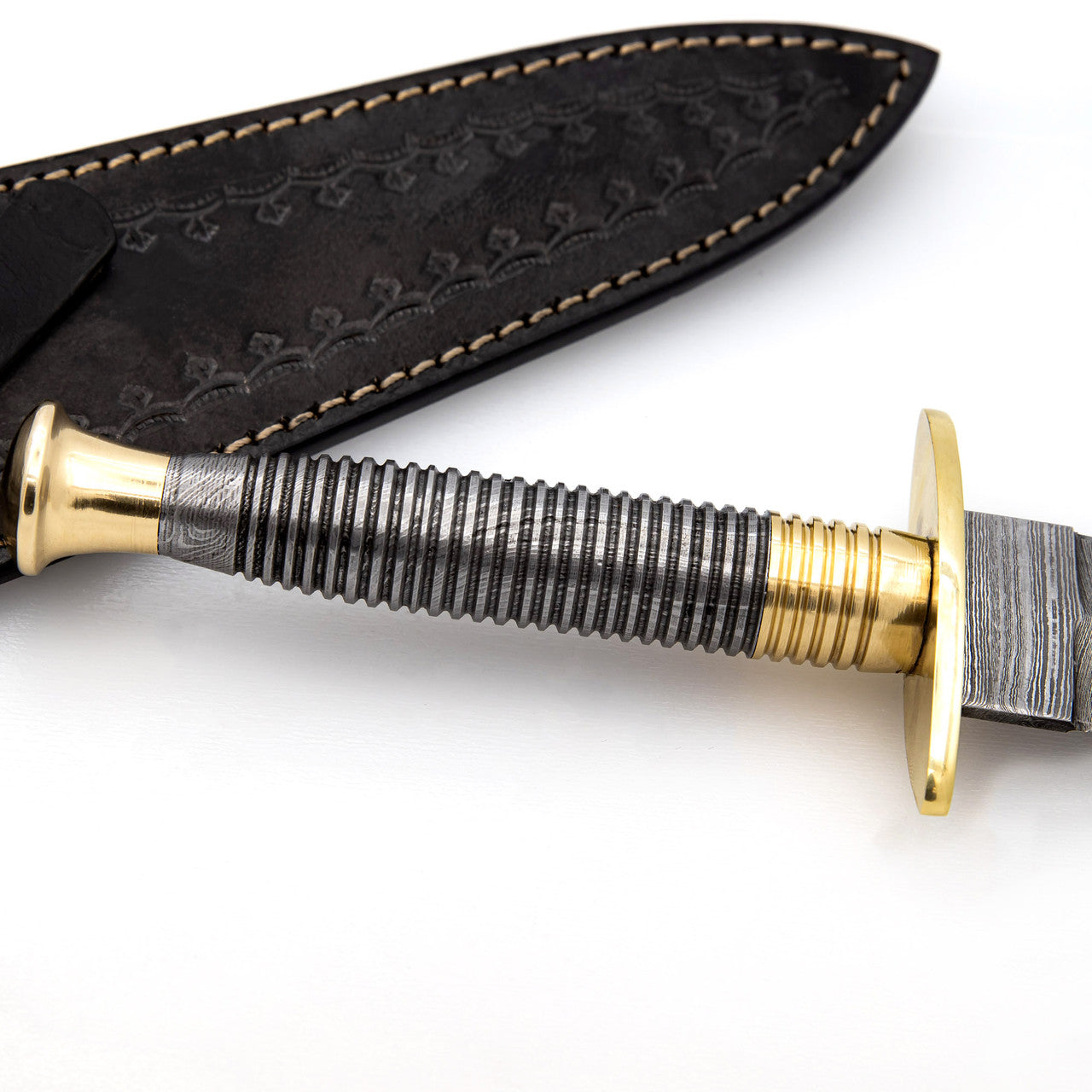 Full Damascus Steel Commando Knife | Pattern Welded Steel Full Tang Replica JSOC Dagger w/ Leather Sheath