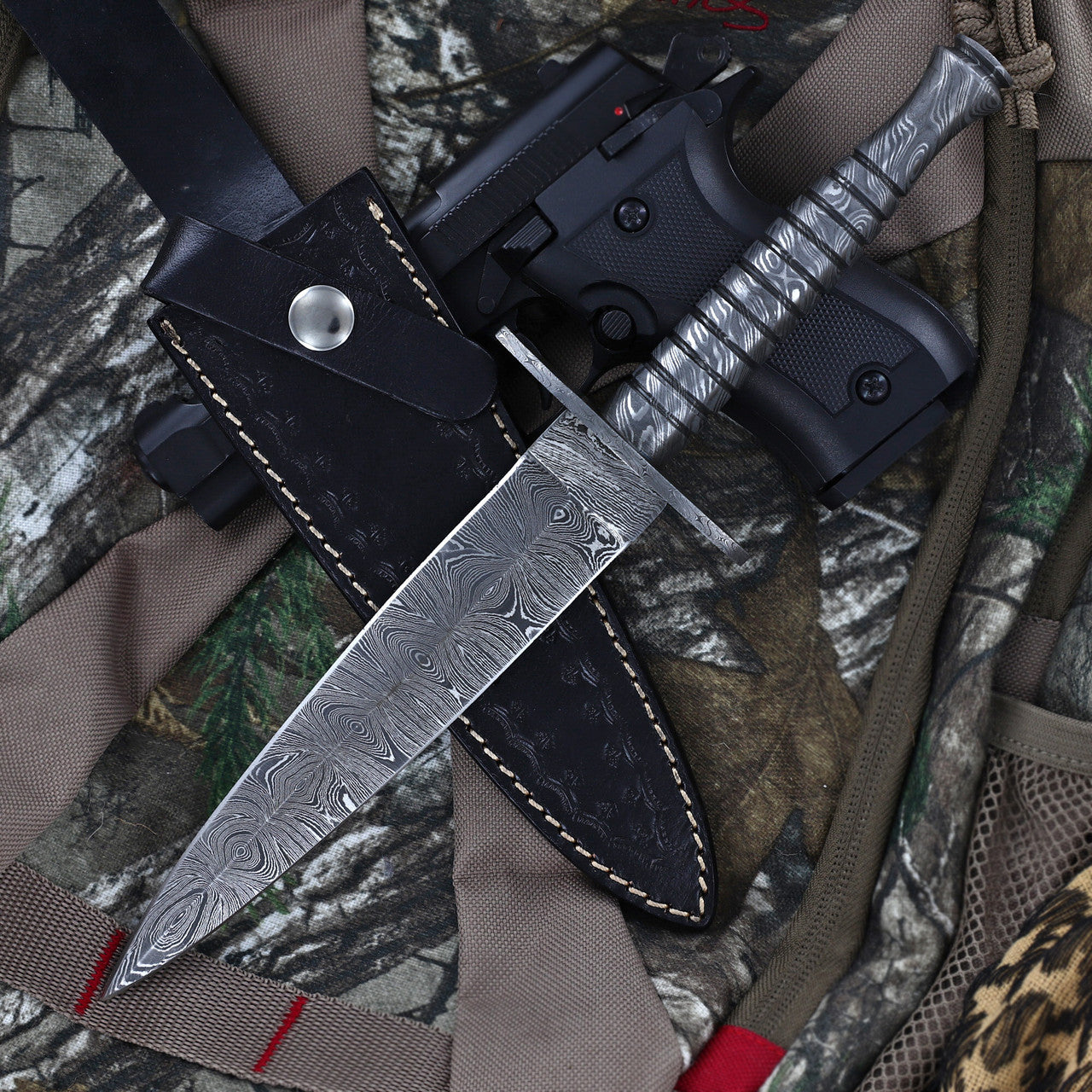 Full Damascus Steel Commando Knife | Pattern Welded Steel Full Tang Replica JSOC Dagger w/ Leather Sheath