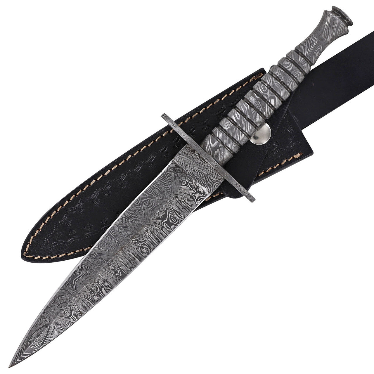 Full Damascus Steel Commando Knife | Pattern Welded Steel Full Tang Replica JSOC Dagger w/ Leather Sheath