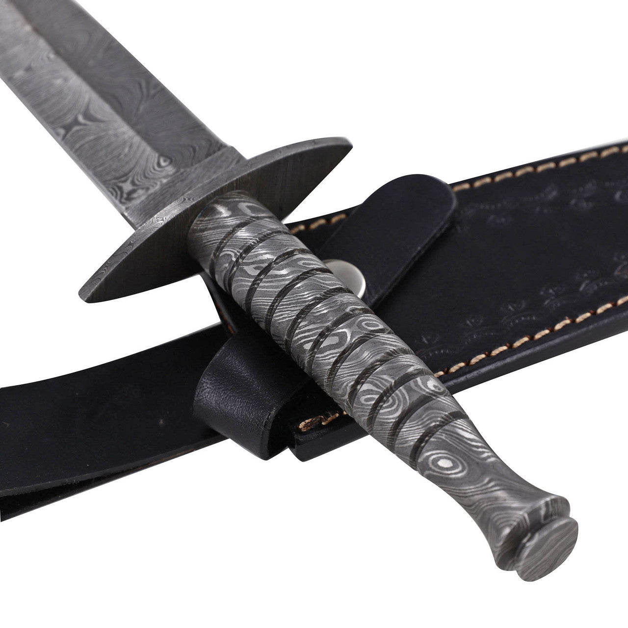 Full Damascus Steel Commando Knife | Pattern Welded Steel Full Tang Replica JSOC Dagger w/ Leather Sheath