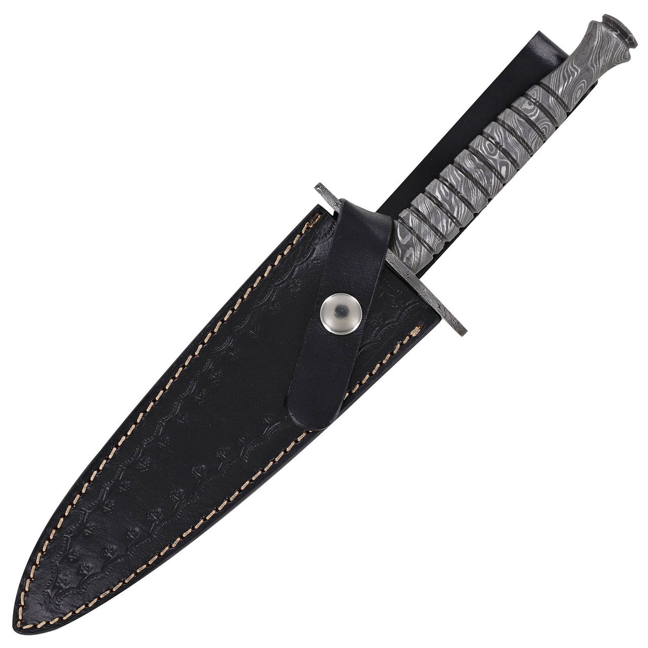 Full Damascus Steel Commando Knife | Pattern Welded Steel Full Tang Replica JSOC Dagger w/ Leather Sheath