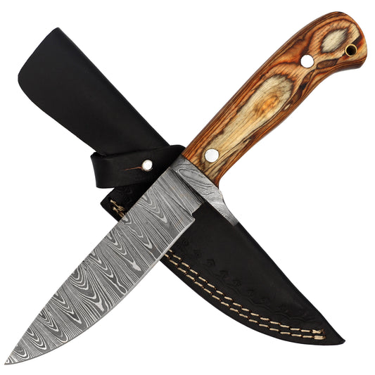 Hardwood Fever Damascus Steel Drop Point Full Tang Small Medium Game Hunting Camping Knife w/ Wood Handle & Genuine Leather Sheath Included