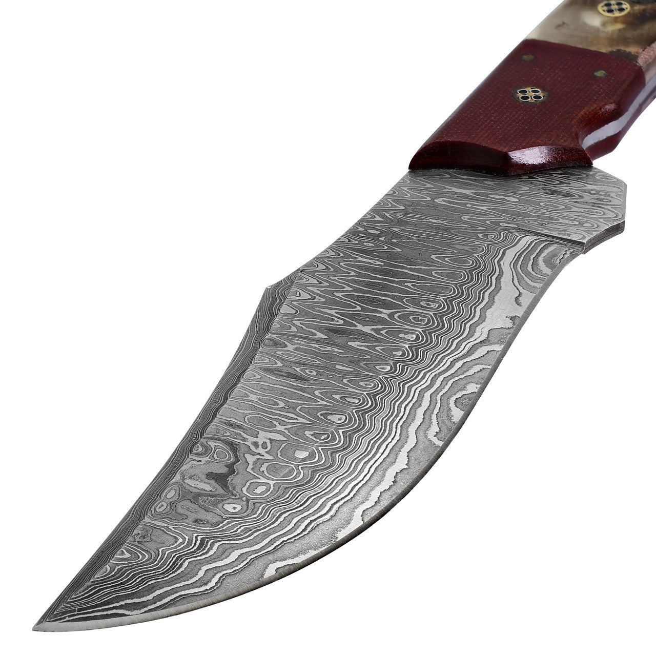 Restless Lull Damascus Steel S Curve Full Tang Ram Horn Handle Outdoor Medium Large Game Hunting Knife w/ Genuine Leather Sheath