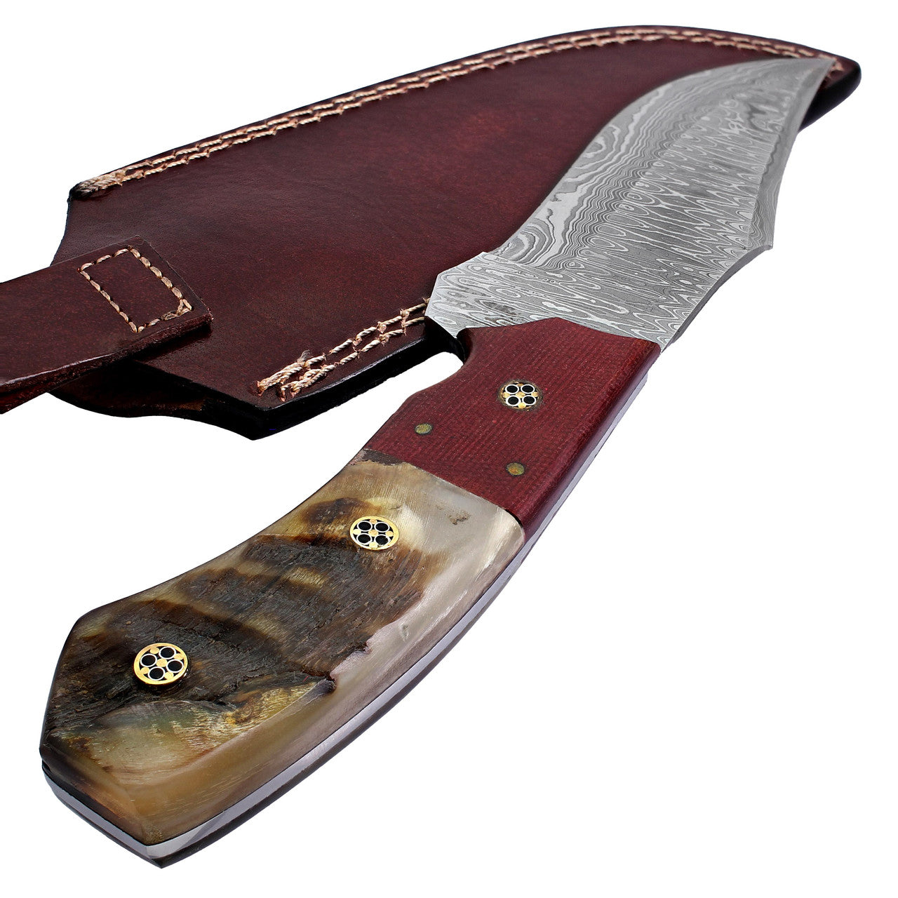 Restless Lull Damascus Steel S Curve Full Tang Ram Horn Handle Outdoor Medium Large Game Hunting Knife w/ Genuine Leather Sheath